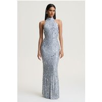 Zaira | Silver Sequin High-Neck Maxi Dress With Open-Back | Club L London