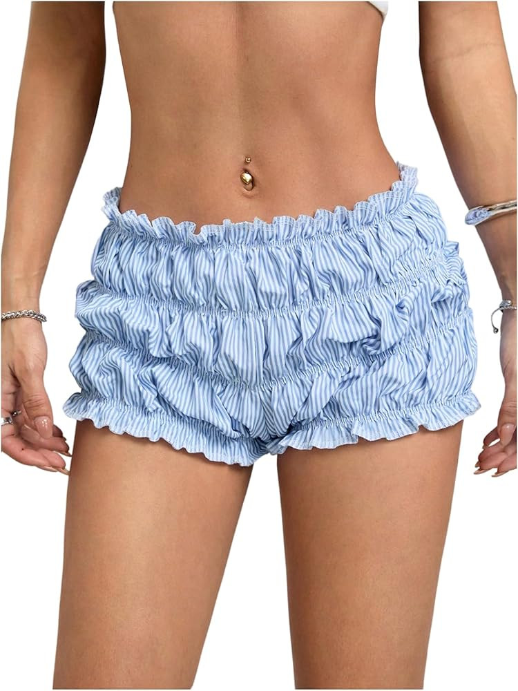 Verdusa Women's Striped Ruched Ruffle Shorts Y2k Low Rise Bloomers Micro Mini Shorts | Amazon (US)