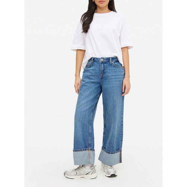 Mid Rinse Denim Baggy Wide Turn Up Jeans  12R | Tu Clothing