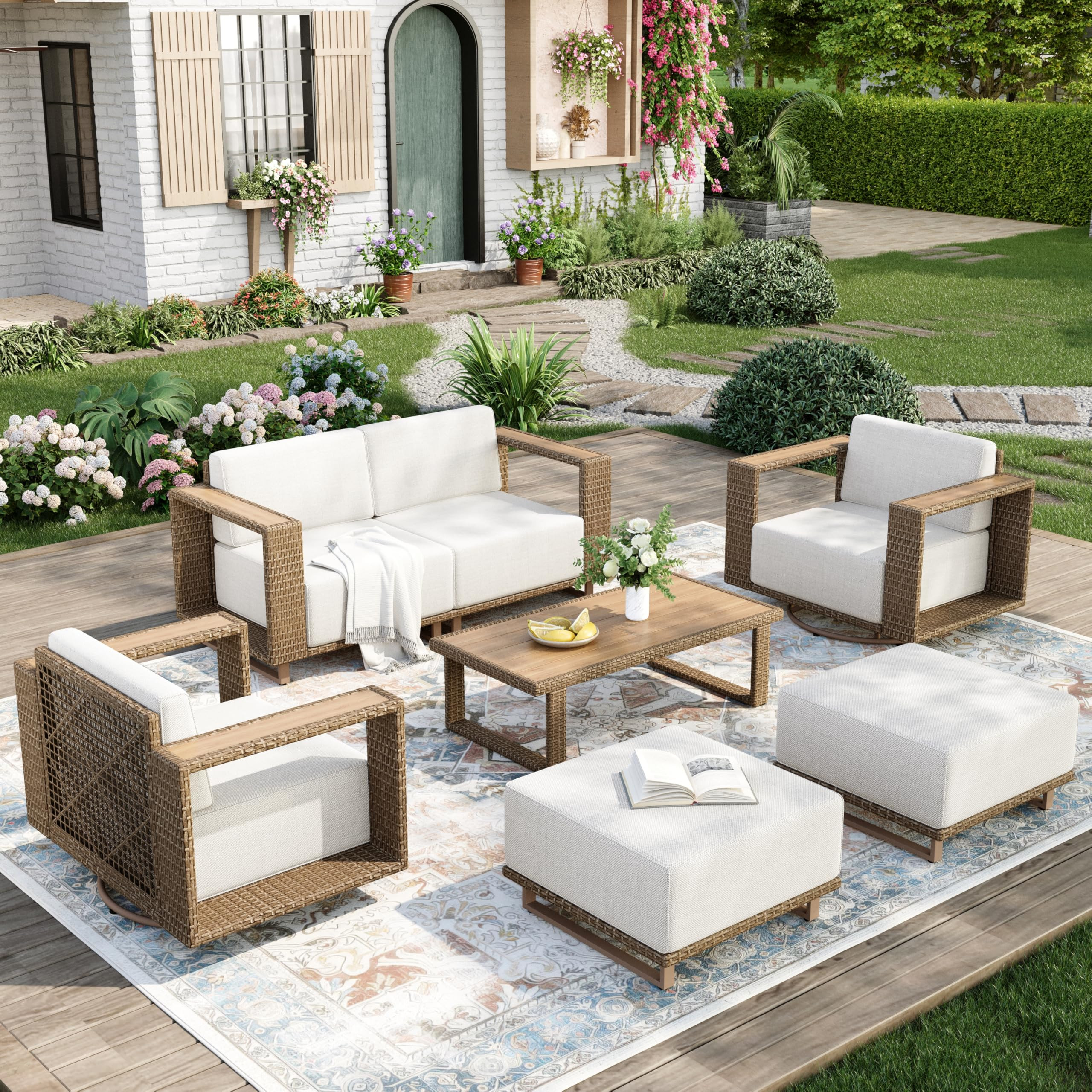 Amazon.com: MIXPATIO Patio Furniture Set with Swivel Chairs, 6 Piece Outdoor Yellow Rattan Wicker... | Amazon (US)