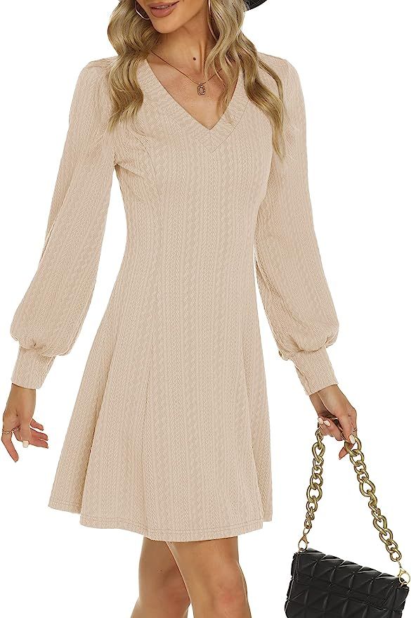 OYANUS Womens V Neck Long Sleeve Sweater Dress Fall Latern Sleeve Knit Flowy Short Mini Skater Dr... | Amazon (US)