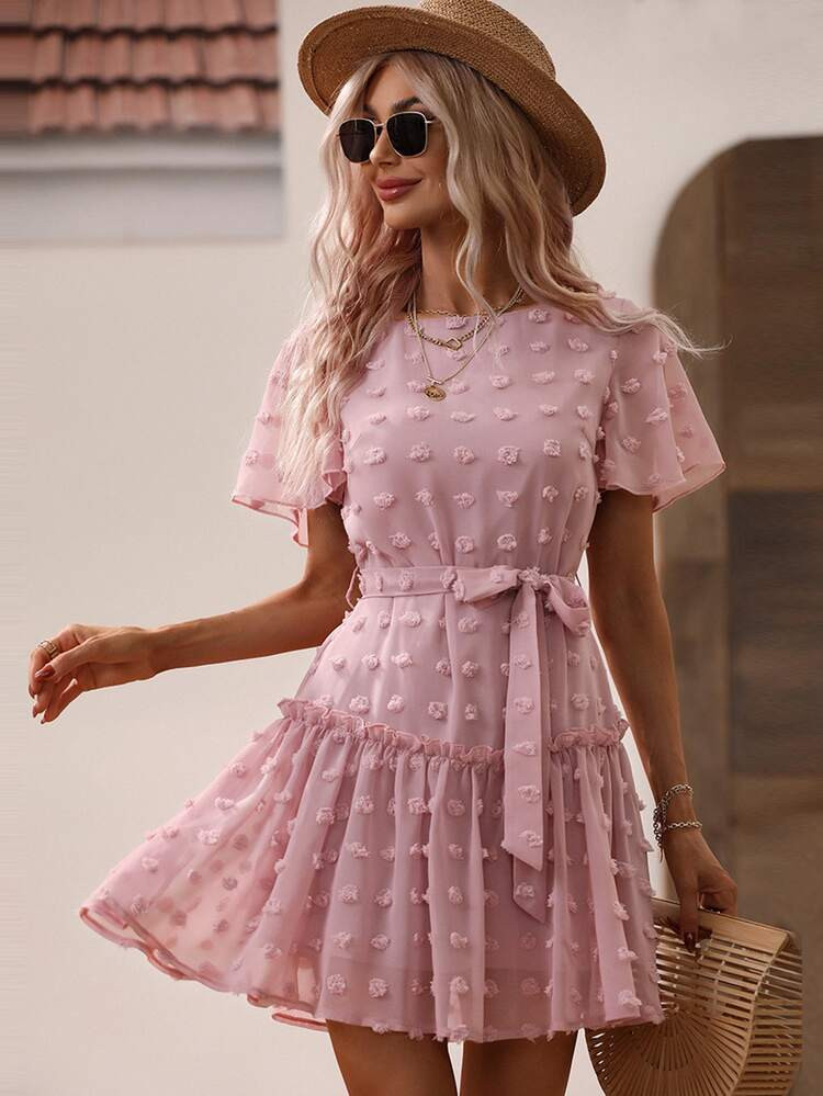 Swiss Dot Butterfly Sleeve Ruffle Hem Belted Chiffon Dress | SHEIN