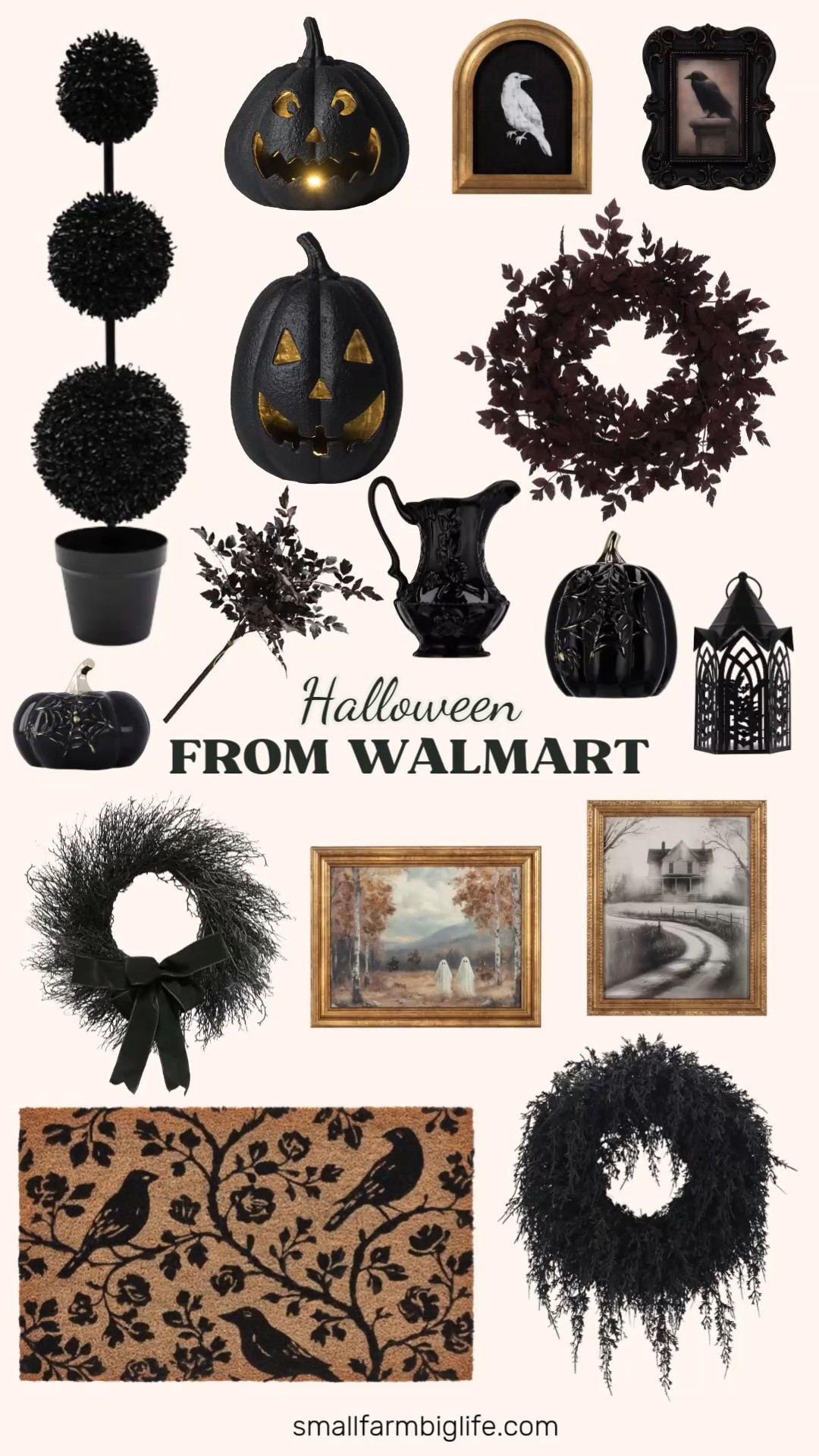 This My Texas House Halloween collection from Walmart has such an elegant, moody take on the season, perfect for fall decor.

For wall art, the Haunted Path Framed Print and the Ghost Walk Framed Canvas Art both have such a hauntingly beautiful look, and the B&W Crow Halloween Art in the antique gold arch frame adds a nice vintage touch. The Raven Framed Art Tabletop Decoration is a smaller option if you want to bring that same look to a shelf or console table.

For wreaths, the Drapey Faux Cedar Wreath in black, the Layered Foliage Wreath in plum, and the Black Twig Wreath with a bow all bring such a rich, seasonal texture to a front door or mantel. The 3 Ball Artificial Black Topiary is a great statement piece to flank an entryway.

On the tabletop side, the black Jack O Lantern Tabletop Decorations in both the 13 inch and 9 inch sizes are such a chic alternative to a traditional carved pumpkin, and the Textured Stoneware Pitcher and Metal Gothic Lantern add extra ambiance to any vignette. The black and gold Stoneware Spiderweb Pumpkins in both sizes bring a touch of sparkle to the mix.

Rounding things out, the Natural and Black Floral Bird Outdoor Coir Doormat is such a great way to welcome guests, and the Fall Faux Leaves Bundle in plum adds a soft, seasonal accent to any arrangement.

So many beautiful pieces to shop for fall decor this season, all linked for you. 

 #walmart #halloweendecor #falldecor #halloween #mytexashouse #LTKSeasonal #LTKHome