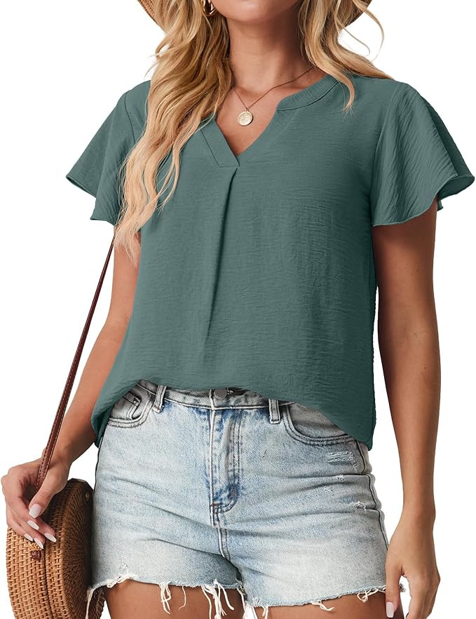 Womens Spring Tops Summer Dressy Casual Cute V Neck Ruffle Sleeve Blouses Flowy Shirts | Amazon (US)