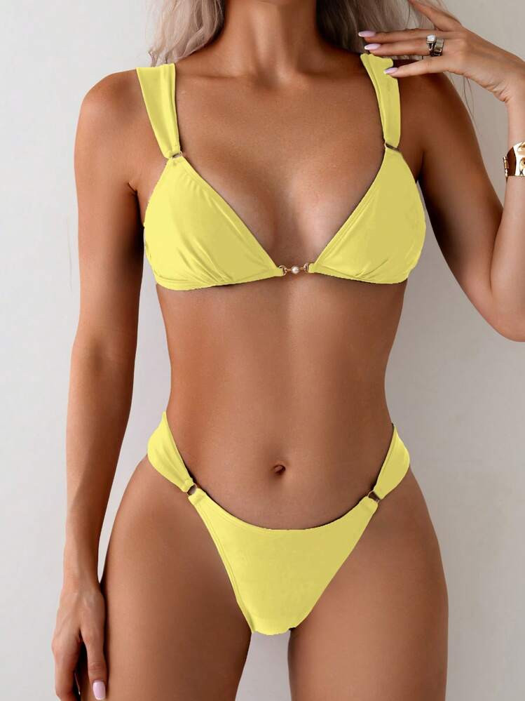 SHEIN Women's Yellow V Cut Bikini Set: Two Piece Swimsuit With Gold Ring Detail | SHEIN