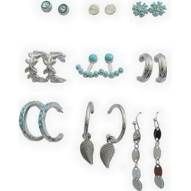 Time and Tru Women's Silver Tone and Faux Turquoise Earring Set, 9-Piece | Walmart (US)