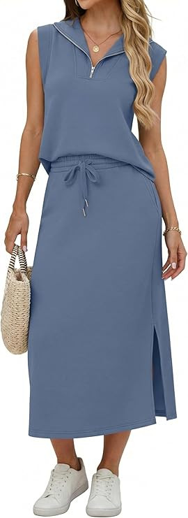 Lepunuo Women Skirt Sets 2 Piece Outfits Casual Half Zip Lapel Cap Sleeve Tops Split Maxi Skirt A... | Amazon (US)
