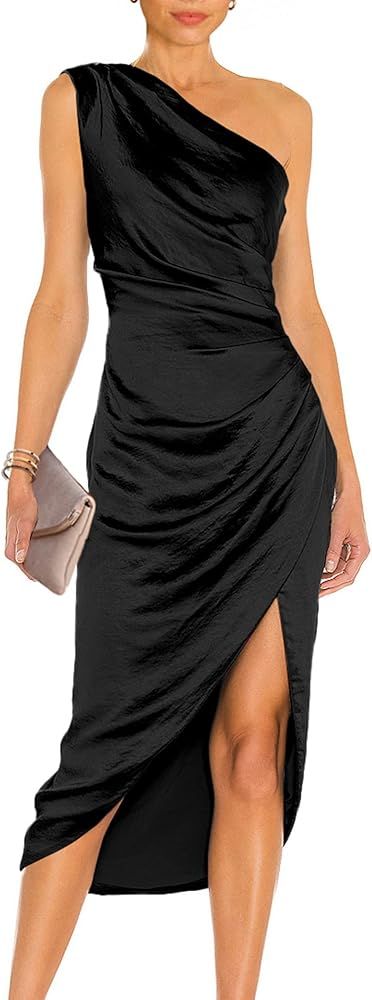 PRETTYGARDEN Women's Elegant Satin Midi Bodycon Dress 2023 Summer One Shoulder Ruched Wrap Cockta... | Amazon (US)