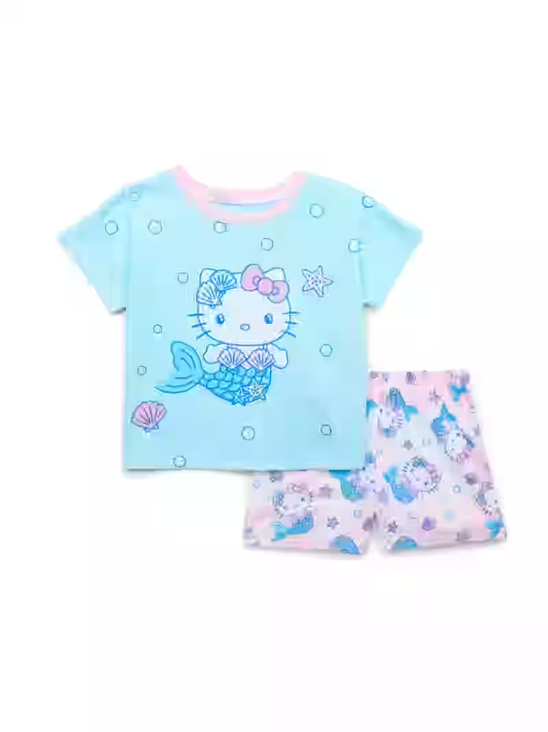 Hello Kitty Little Girls and Big Girls Mermaid Graphic Tee and Shorts Pajama Set, 2-Piece, Sizes ... | Walmart (US)