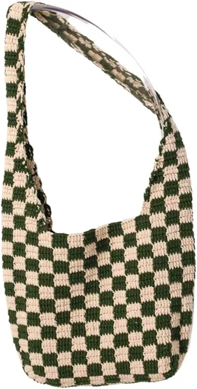 Churi Handmade Checkered Pattern Crochet Tote Bag, Aesthetic Hobo Shoulder  Crochet Beach Bag