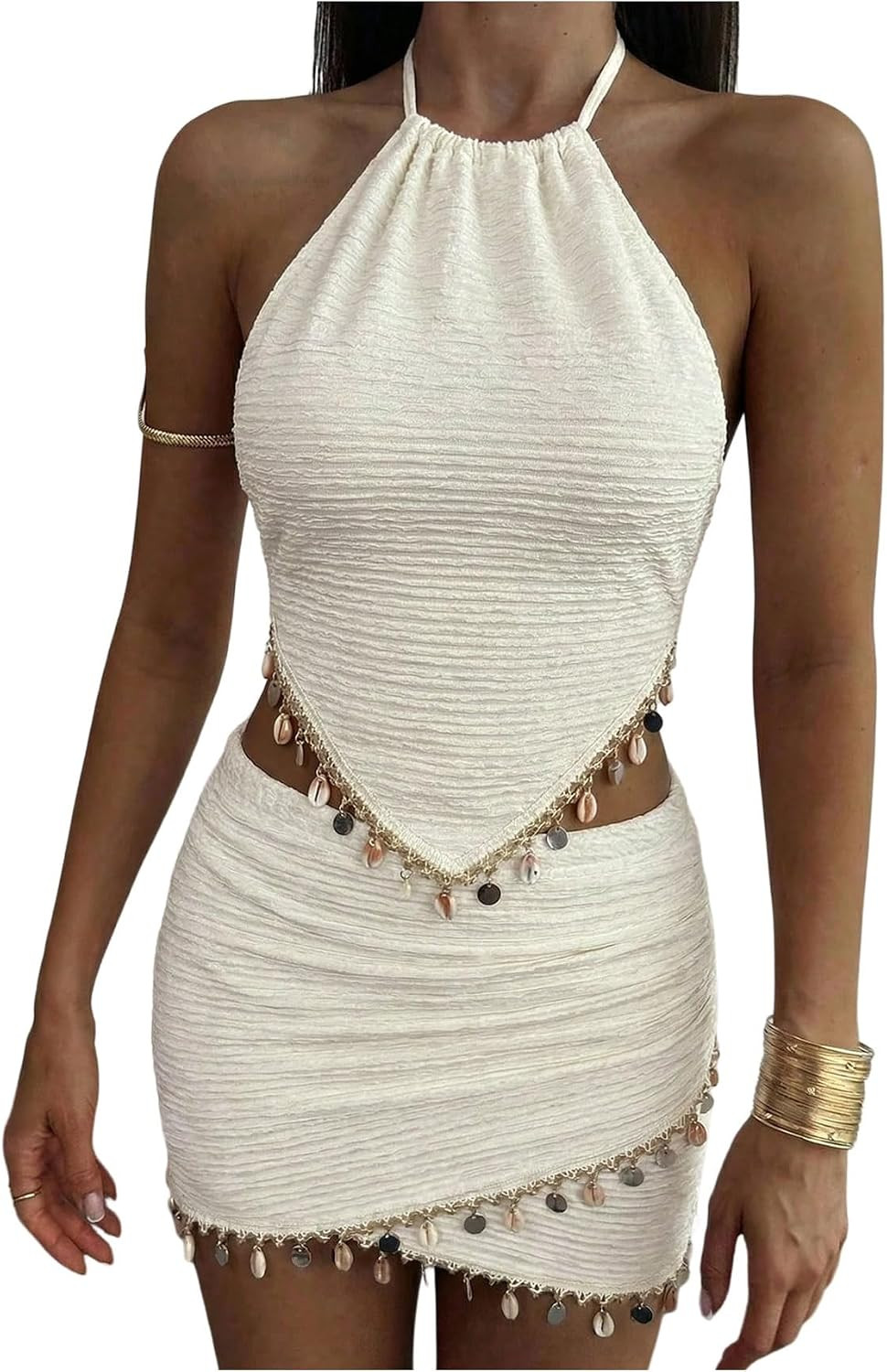 Milumia Women's 2 Piece Outfits Textured Backless Halter Crop Top Wrap Mini Skirt Sets | Amazon (US)