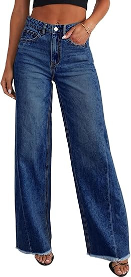Sidefeel Women's Wide Leg Jeans High Waisted Strechy Raw Hem Zimbaplatinum Denim Pants | Amazon (US)