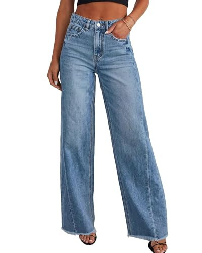 Trendy Women's Baggy Wide Leg Jeans High Rise Stretchy Denim Pants with Raw Hem & Comfort Fit Light Blue S | Amazon (US)