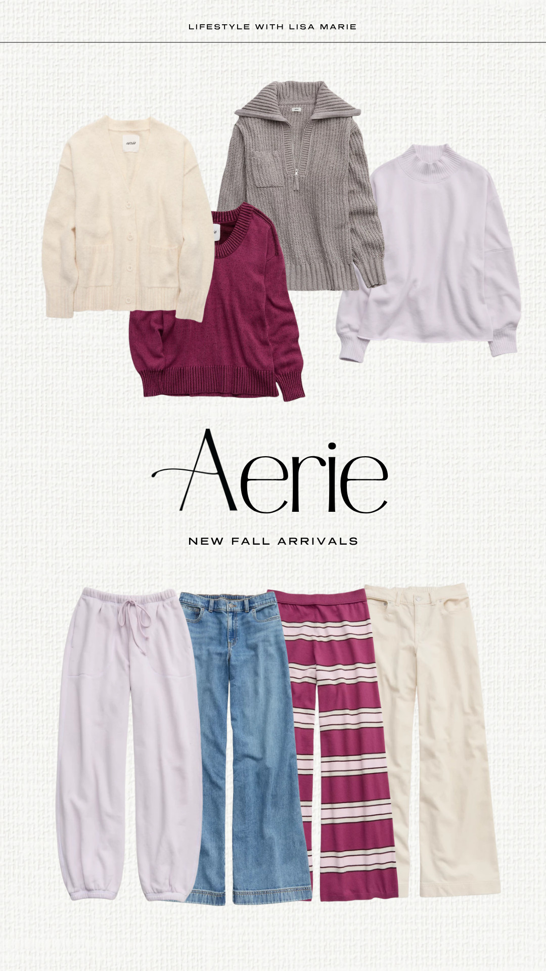 New Aerie fall arrivals! Half zip sweaters. button down cardigans and sweaters. Matching loungewear and pajama sets. Wide leg jeans. Knit sweaters and long sleeve tops. Drawstring pants and sweatpants. Two piece matching sets. Elevated casual outfits for travel.

#LTKSeasonal #LTKPetite #LTKTravel