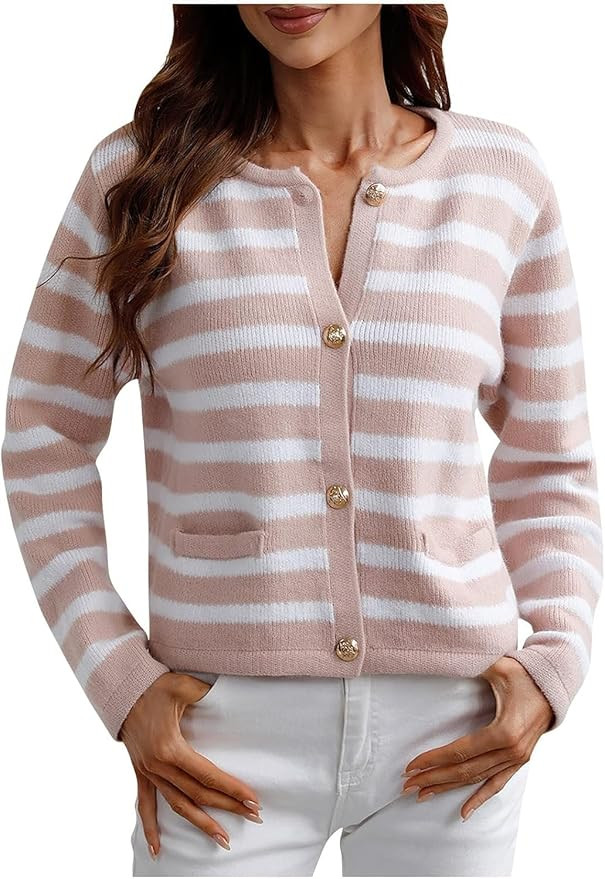 Women's Sweaters Autumn Winter Button Striped Knitted Cardigan Jumpers Casual Long Sleeve Sweater... | Amazon (US)