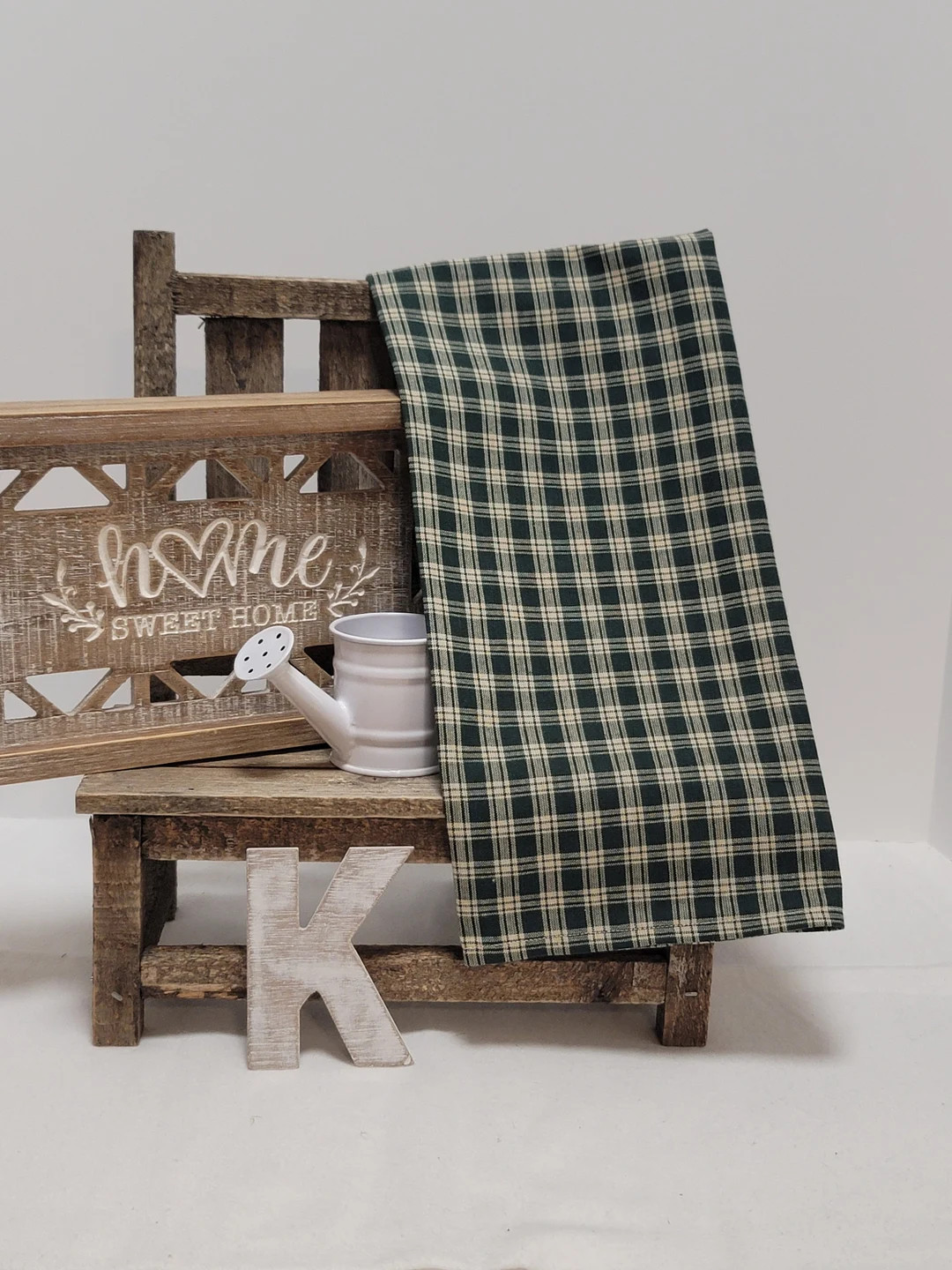 Handmade Green Cream Plaid Homespun Tea Towel With Hook Tag - Etsy UK | Etsy (US)