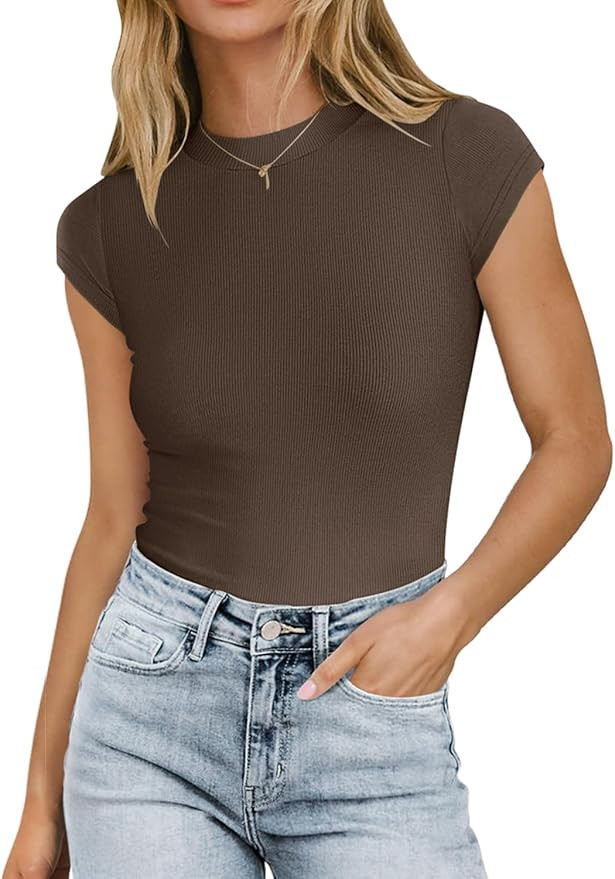 MIHOLL Women's 2024 Summer Short Sleeve Tops Mock Neck Cap Sleeve Ribbed Knit Slim Fit Casual Bas... | Amazon (US)