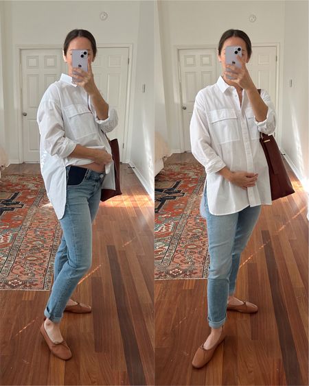 Size small in button up (on sale for $15 right now!), size 26 in maternity jeans. I ordered a size up from my pre-pregnancy size. 👖✨

#LTKsalealert #LTKCyberWeek #LTKbump