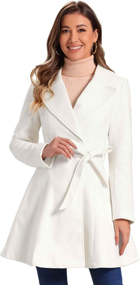 Allegra K Winter Pea Coats for Women Shawl Lapel Overcoat Single Breasted Belted Long Trench Coat | Amazon (US)