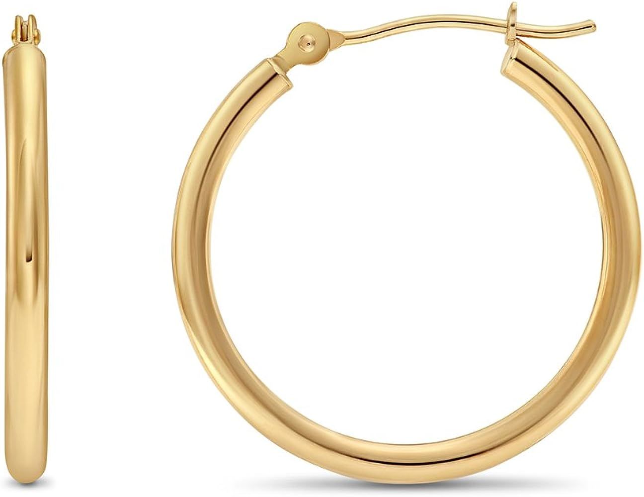 14k Yellow Gold Classic Shiny Polished Round Hoop Earrings, 2mm tube | Amazon (US)