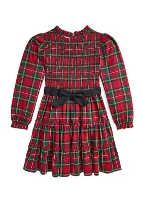 Ralph Lauren Childrenswear Girls 7-16 Plaid Smocked Cotton Jersey Dress, Red, Large | Belk