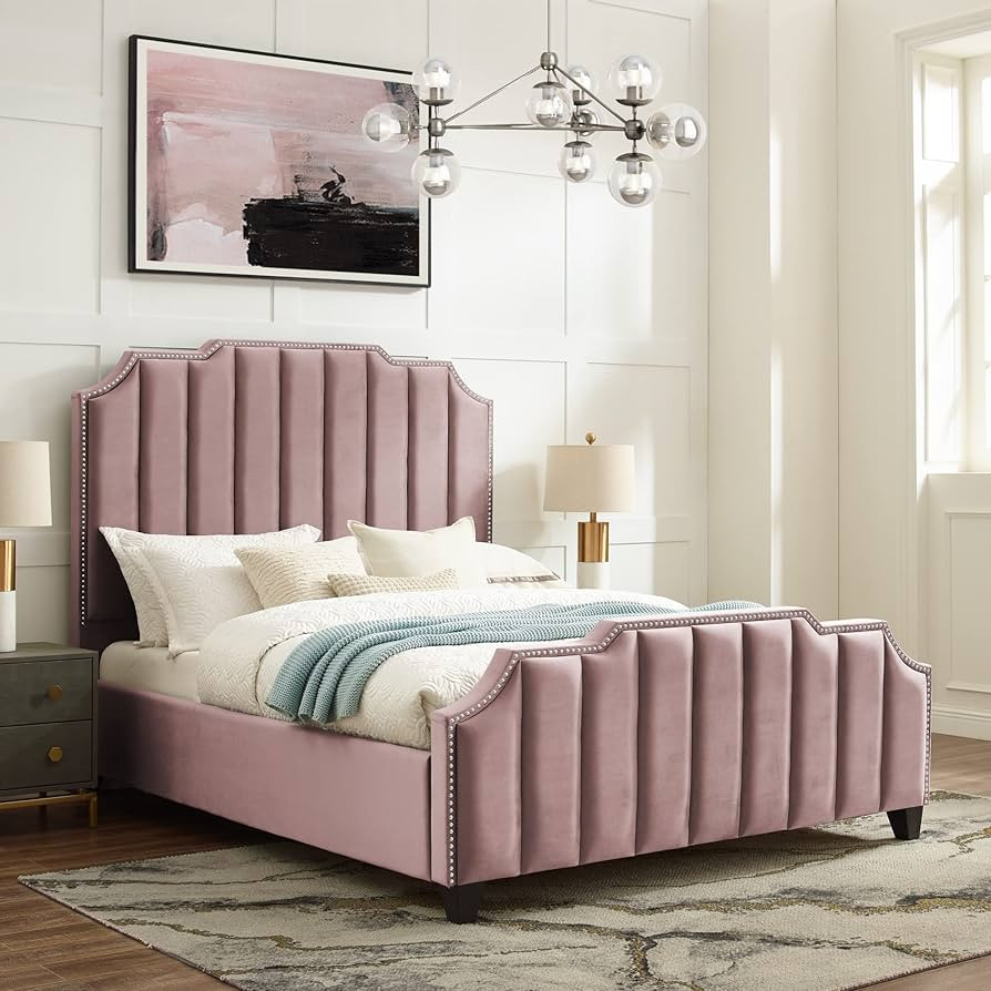 Inspired Home Poppy Platform Queen Bed, Velvet, Channel Tufted with Silver Nailhead Trim, Pink | Amazon (US)