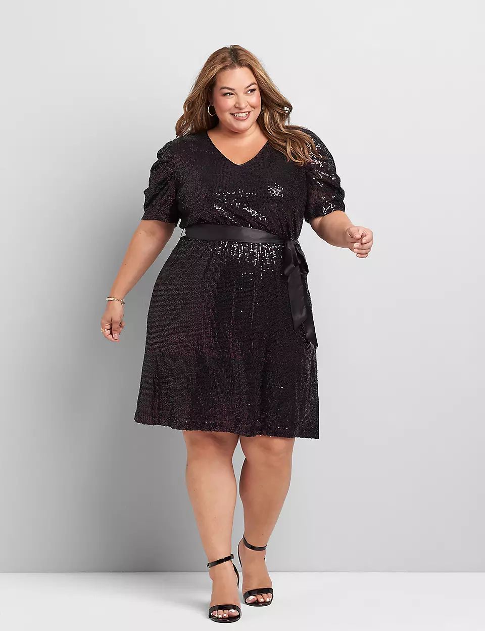 Elbow-Sleeve Sequin Fit & Flare Dress | Lane Bryant (US)