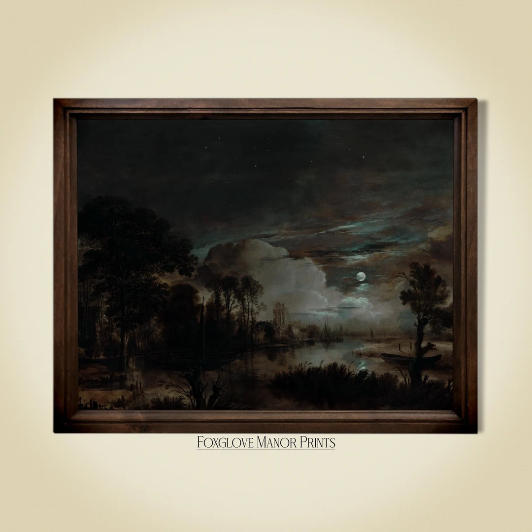 Dark Night Sky Painting | Vintage Moon Print | Digital Printable Artwork | Antique Moody Landscap... | Etsy (US)