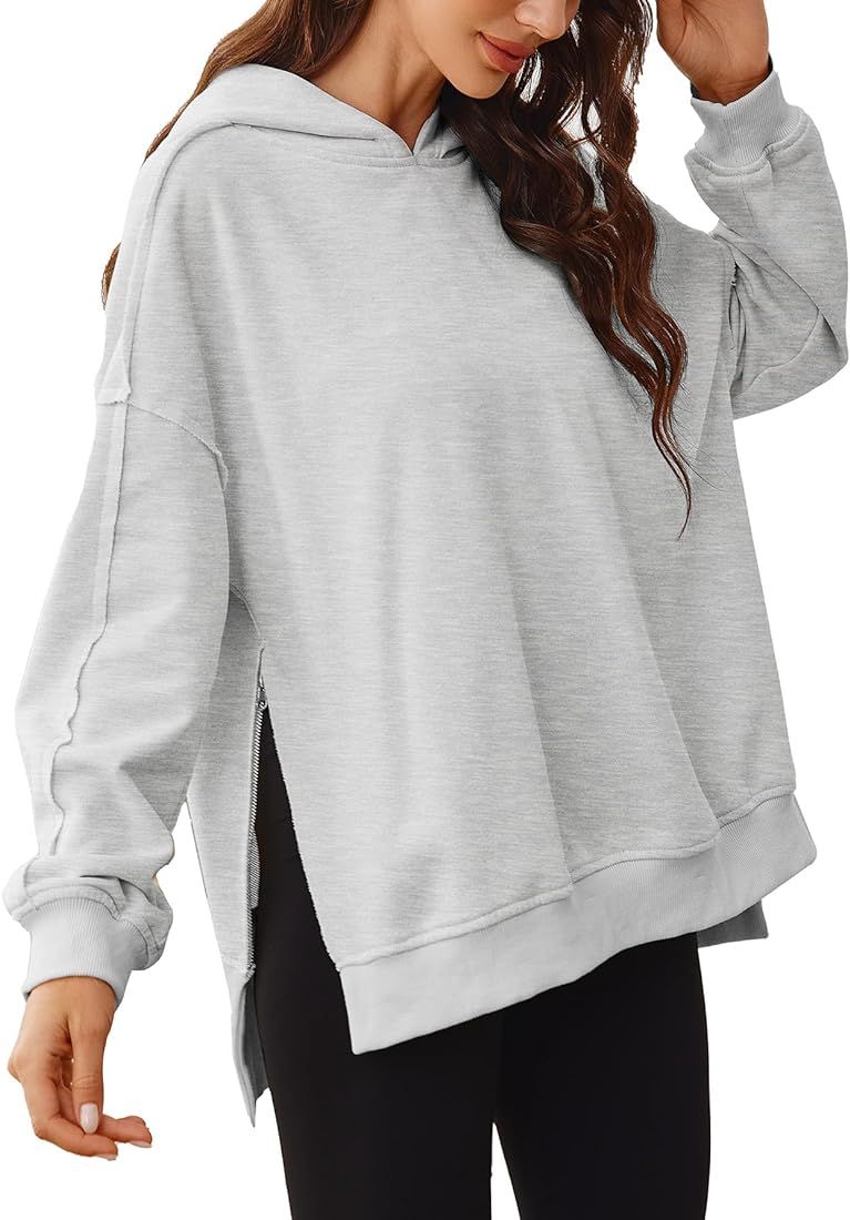 Glamaker Women's Oversized Hoodies Side Slit Zip Up Pullover Sweatshirt Casual Long Sleeve High L... | Amazon (US)