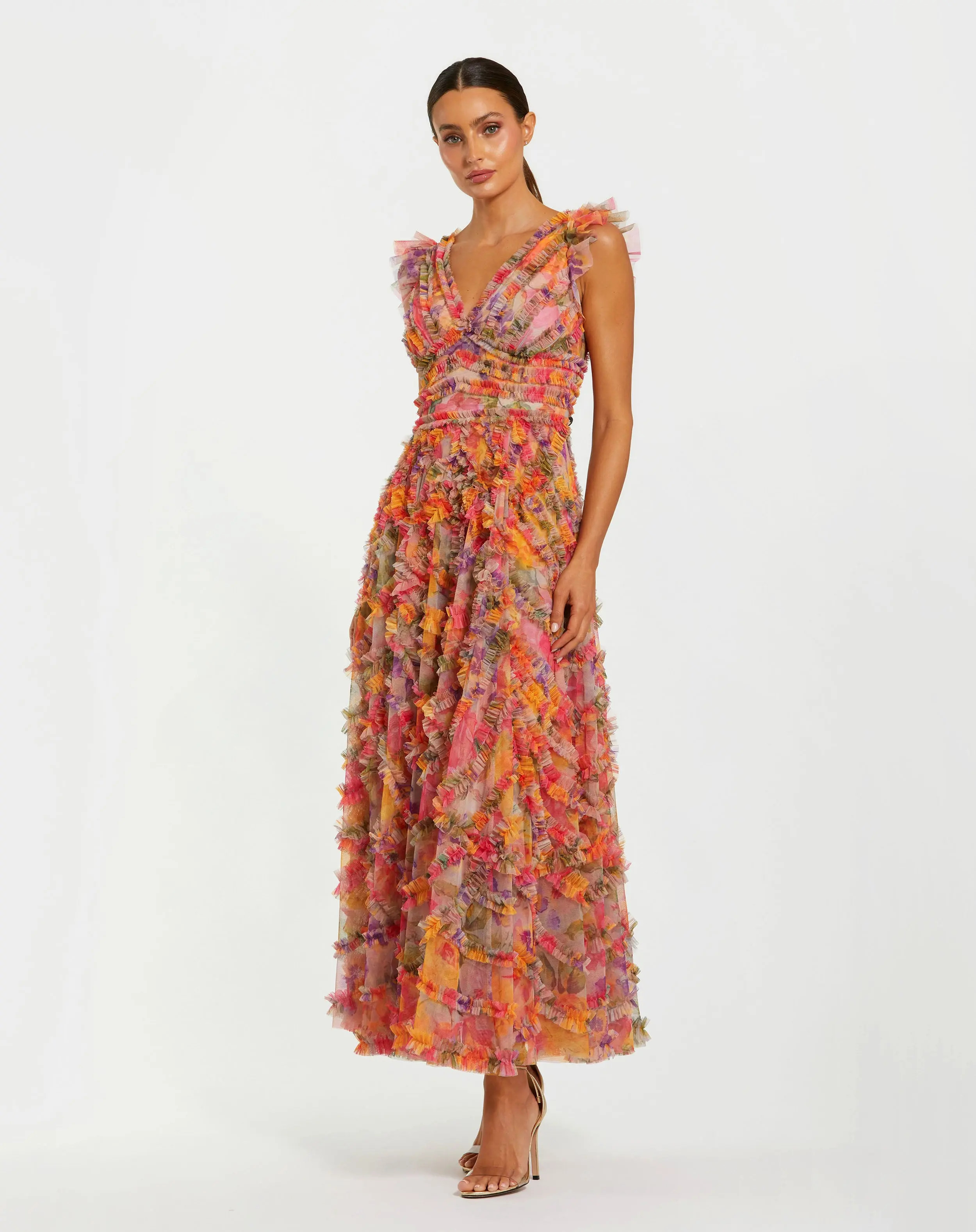 Multicolor Floral V-neck Ruffle Maxi Dress | Mac Duggal