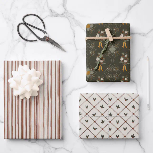 Christmas Collection | Stripe, Floral, Holly Wrapp Wrapping Paper Sheets | Zazzle