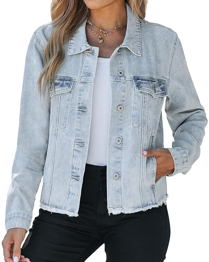 Vetinee Jean Jacket Women Trendy Button Down Long Sleeves Casual Distressed Frayed Hem Trucker De... | Amazon (US)