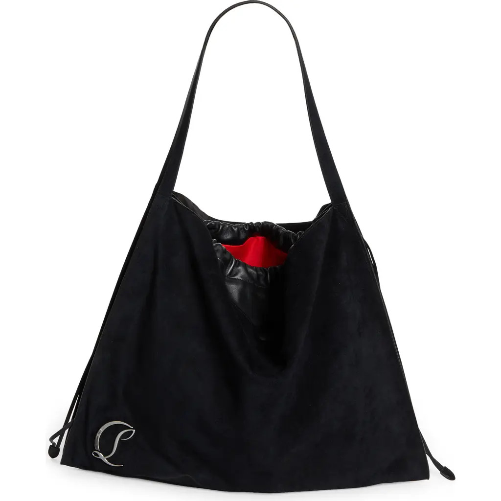 Christian Louboutin Le 54 Suede Drawstring Tote in B329 Black/Black/Gun Metal at Nordstrom | Nordstrom