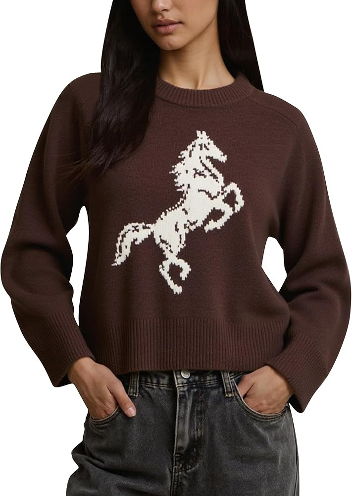 Graphic Sweater for Women Cute Horse Print Long Sleeve Crewneck Knit Pullover Jumper Casual Trend... | Amazon (US)
