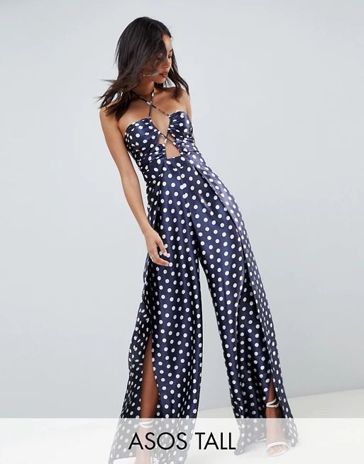 ASOS DESIGN Tall jumpsuit with cut out detail and halterneck in satin polka dot | ASOS US