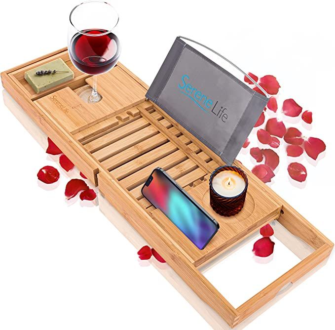 Luxury Bamboo Bathtub Caddy Tray - Adjustable Natural Wood Bath Tub Organizer with Wine Holder, C... | Amazon (US)