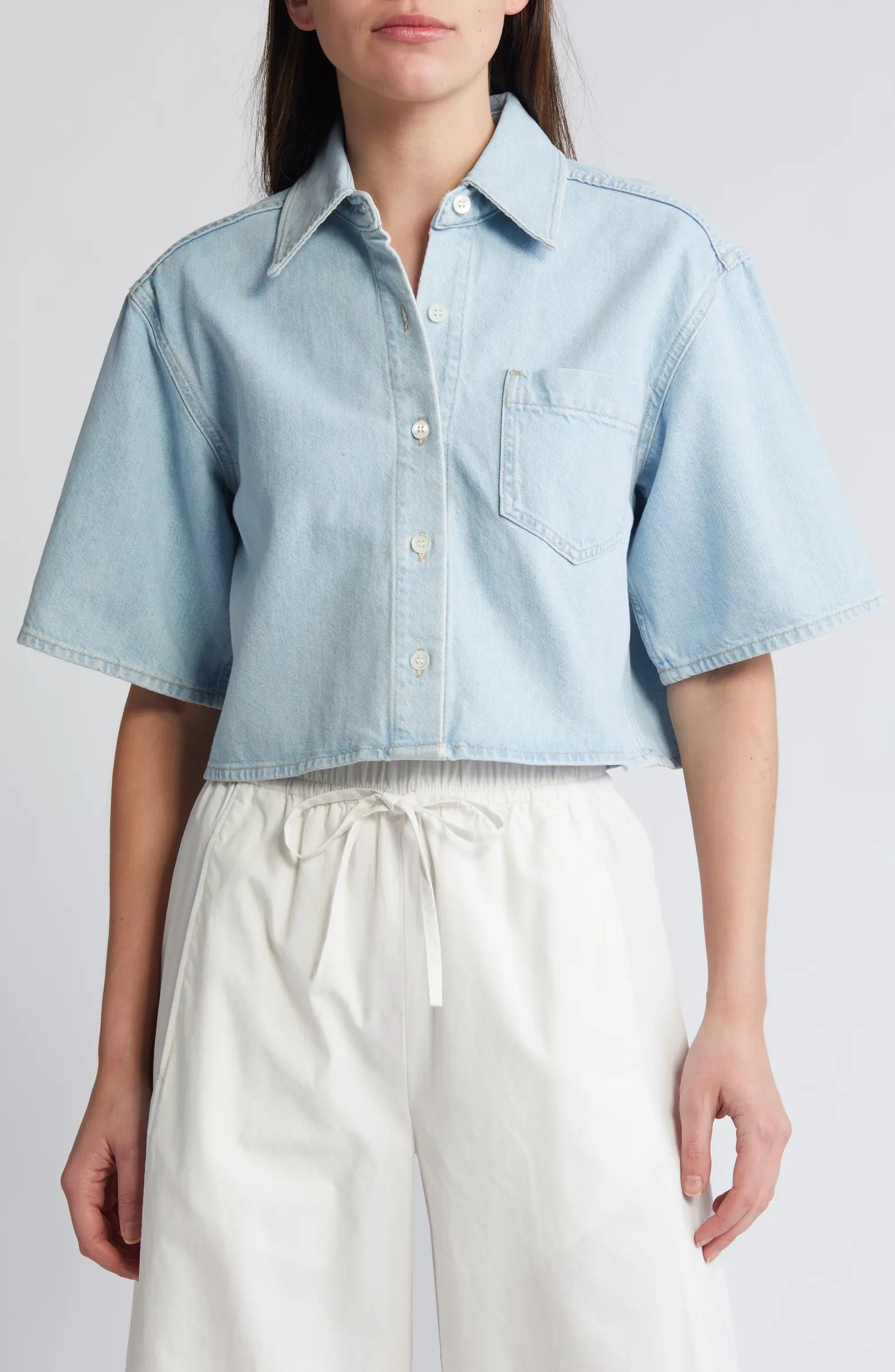 Denim Short Sleeve Button-Up Crop Shirt | Nordstrom