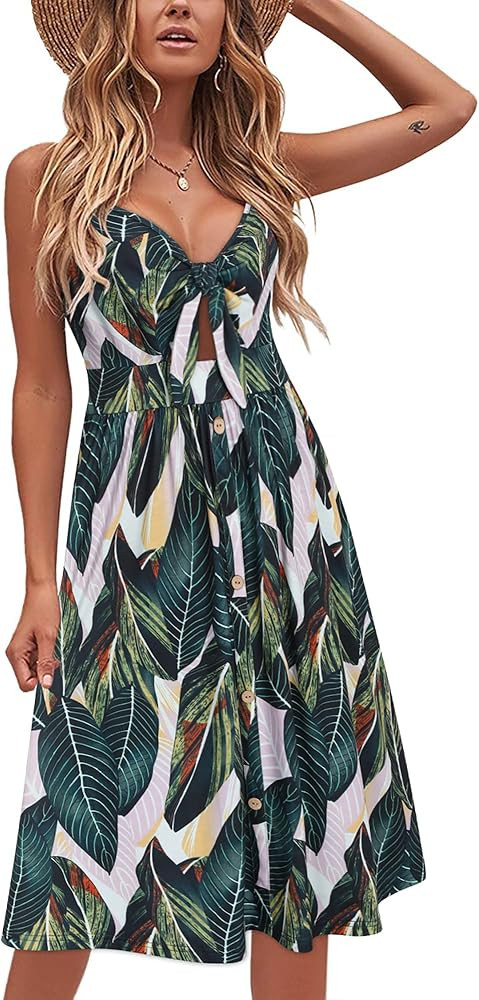 VOTEPRETTY Women's 2023 Floral V Neck Tie Front Spaghetti Strap Beach Dresses with Pockets | Amazon (US)