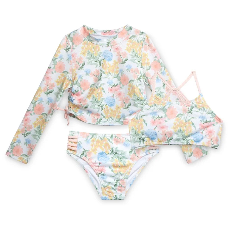 Jessica Simpson Girls' Three-piece Bikini Swimsuit Set with Rashguard, Sizes 4-16 | Walmart (US)