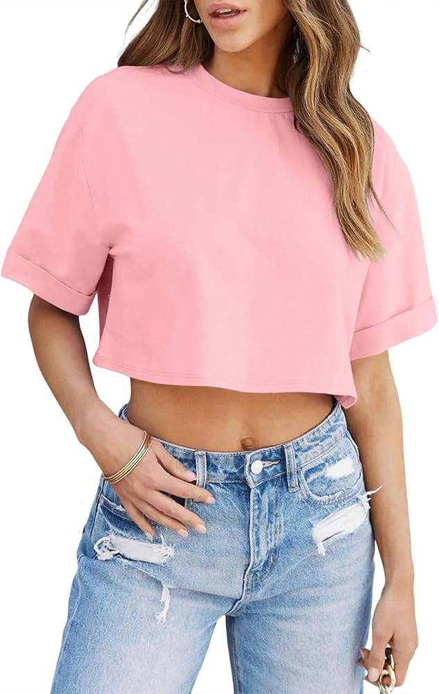Tankaneo Women Crop T-Shirts Half Sleeve Drop Shoulder Cropped Tops Y2K Casual Summer Basic Tees | Amazon (US)