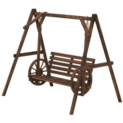 2-Seat Porch Swing with A-Frame Stand, Wooden Log Patio Swing Chair Bench with Wagon Wheel Armrests, Carbonized Brown | Target