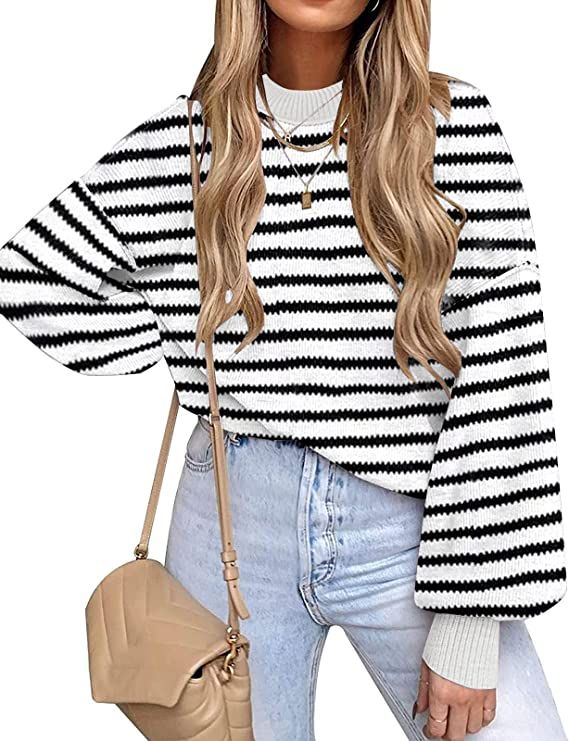 ETCYY Striped Sweaters for Women Fall 2022 Long Sleeve Side Slit Oversized Knit Tops Pullover Swe... | Amazon (US)