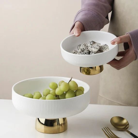 Modern White Ceramic Footed Fruit Bowl | Fruit Holder Basket | Gold Decorative Berry Bowl | Etsy (US)