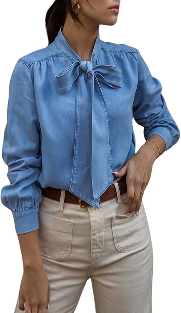 chouyatou Women's Spring Bow Tie Neck Button Down Denim Shirts Business Casual Tops Office Blouse... | Amazon (US)