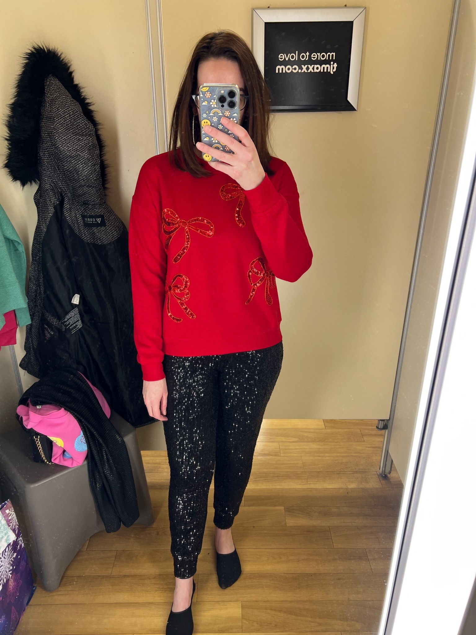 Red sequin bows sweatshirt (xs). Black sequin joggers (small). #sweatshirt #heartsweatshirt #pinksweatshirt #doubleheartsweatshirt #leggings #blackleggings #fauxleatherleggings #valentinesdayoutfit #datenightoutfit 
date night outfits 
valentines day outfit women @tjmaxx 

#LTKValentine #LTKSeasonal