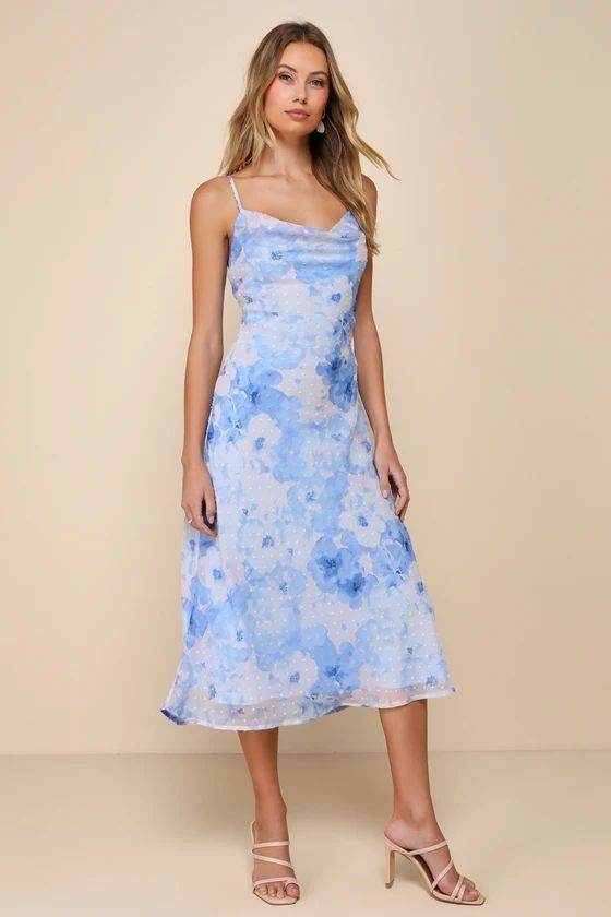 Fabulous Destiny Blue Floral Swiss Dot Cowl Neck Midi Dress | Lulus