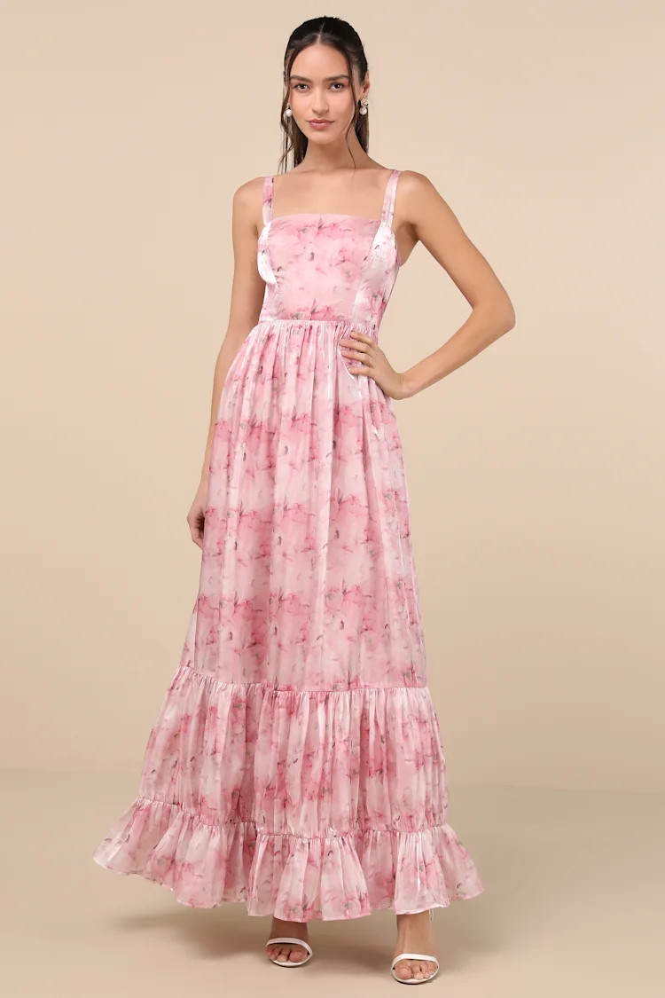 Karlaye Light Pink Floral Sleeveless Tiered Maxi Dress | Lulus