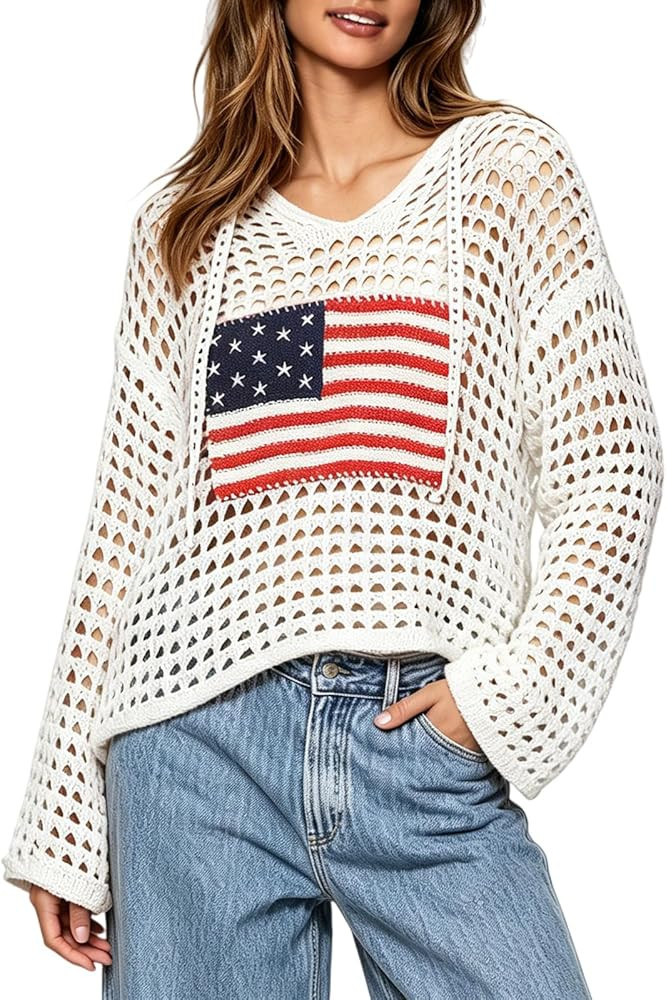Women's American Flag Crochet Sweater Long Sleeve Hollow Out Lightweight Knit Hoodie 2026 Summer ... | Amazon (US)
