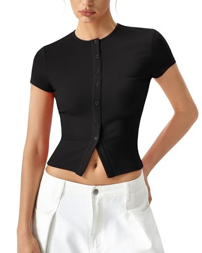 QINSEN Women's Crewneck Short Sleeve T Shirts Ribbed Button Going Out Trendy Tops Black L | Amazon (US)