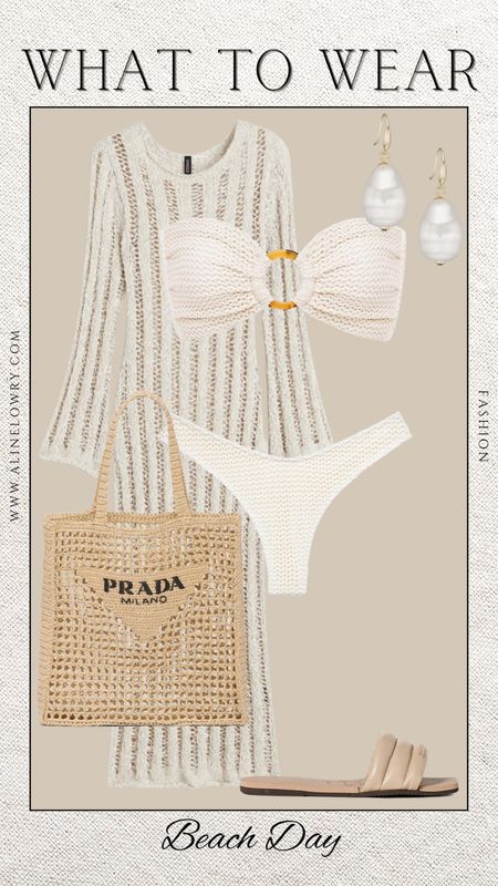 What to wear for a beach day - beach outfit idea. Knit bikini, knit cover up, summer bag, havaianas slides. 

#LTKstyletip #LTKU #LTKswim